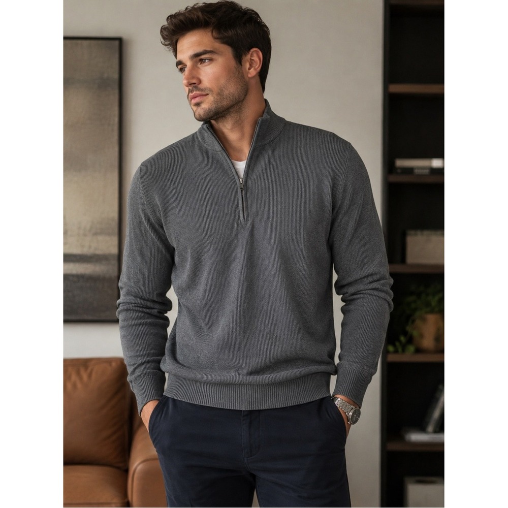 Michael Michael Kors Men's Gray Ribbed Quarter-Zip Pullover Sweater